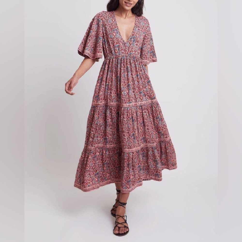 Omika Tabina Sarina Print Tiered Maxi Dress Boho V-Neck Flutter Sleeve XS NWT